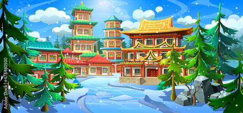 Asian small village, town in winter. A park with national ancient buildings, temples and pagodas. Asian snowy winter. Cartoon forest with river