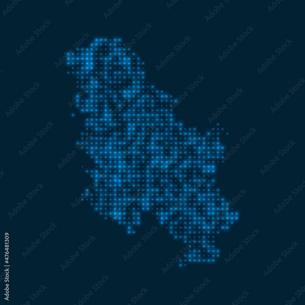 Serbia dotted glowing map. Shape of the country with blue bright bulbs. Vector illustration. Serbia dotted glowing map. Shape of the country with blue bright bulbs. Vector illustration.