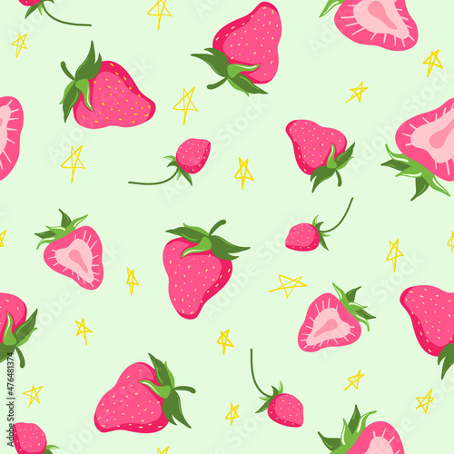 Strawberries seamless hand drawn vector pattern on green background. Colorful doodle wallpaper. Pink and green print