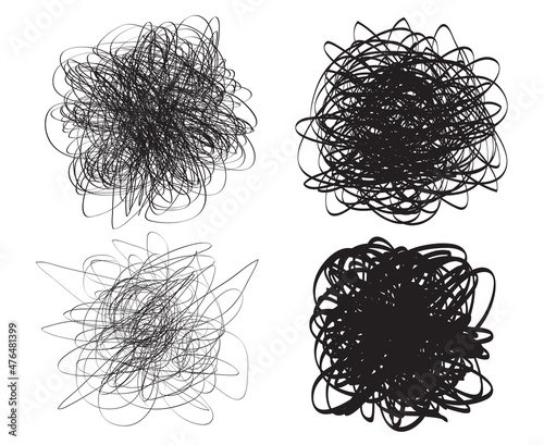 Hand drawn backgrounds with tangled lines. Chaos on white. Scrawl sketch. Intricate chaotic textures. Universal patterns. Art creation. Black and white illustration