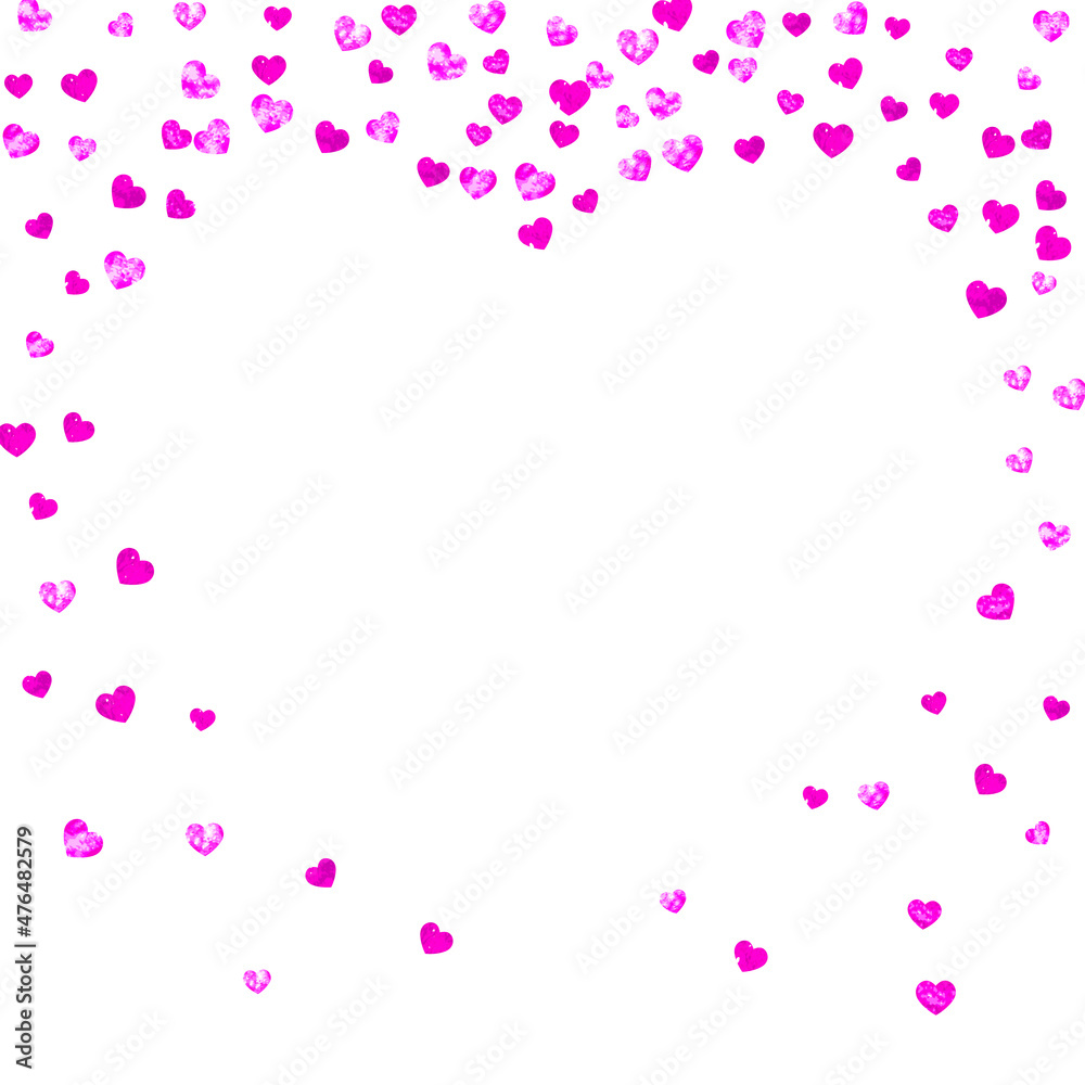 .Valentines day frame with pink glitter hearts. February 14th day. Vector confetti for valentines day frame template. Grunge hand drawn texture. Love theme for poster, gift certificate, banner.