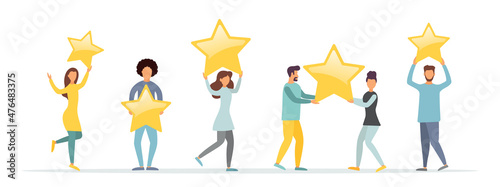 Buyers give feedback. People give reviews and ratings. Vector illustration. Flat style.