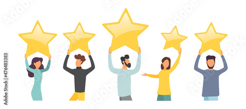 Buyers give feedback. People give reviews and ratings. Vector illustration. Flat style.