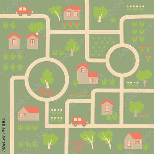 Country landscape with Little houses, trees and roads. PlayMat, Board game, poster for children's room.