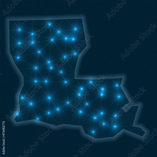Louisiana network map. Abstract geometric map of the US state. Digital connections and telecommunication design. Glowing internet network. Superb vector illustration.