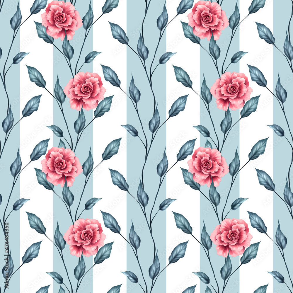 Floral seamless pattern. Rose flowers on blue stripes. Floral seamless pattern. Rose flowers on blue stripes.