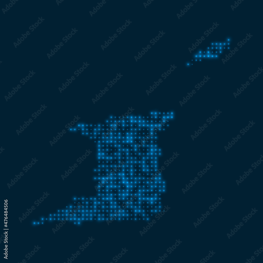 Trinidad and Tobago dotted glowing map. Shape of the country with blue bright bulbs. Vector illustration.
