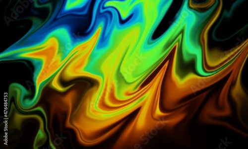 liquid abstract in rainbow color on black. an illustration of the multiple colors in a wavy abstract shape. colorful vibrant texture for background and wallpaper.