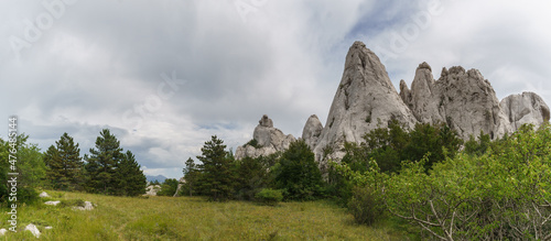 Panorama of bizzare rock formations in mountain landscape at summer in National Park Paklenica, Velebit, Croatia, Europe