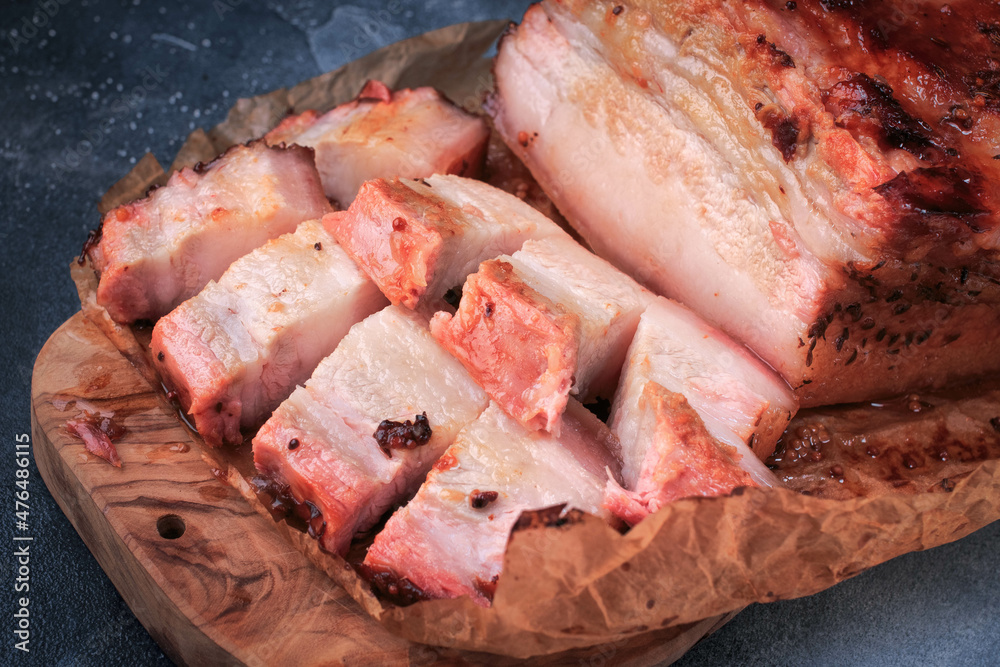 Crispy Roasted Pork Belly. Sliced Roast Pork Belly. Stock Photo Adobe