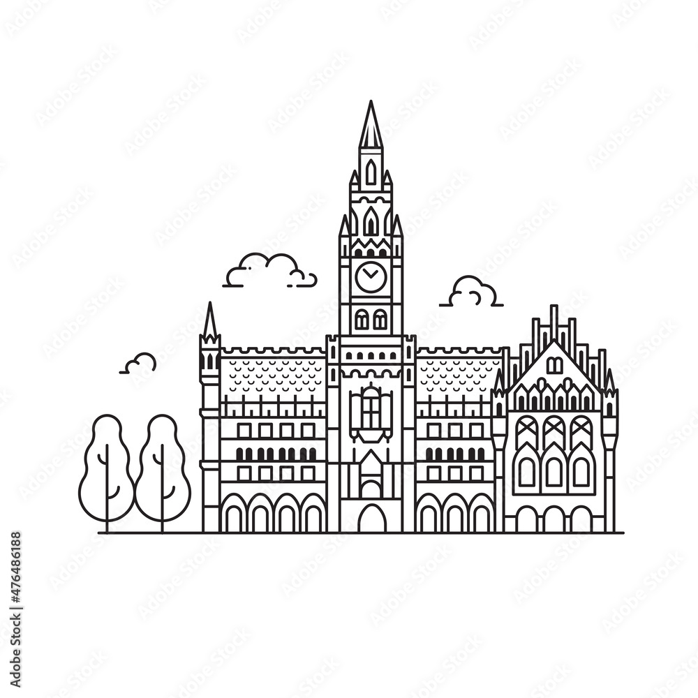 Travel Munich Line Art Icon with New City Hall
