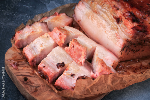 Crispy Roasted Pork Belly. Sliced Roast Pork Belly.