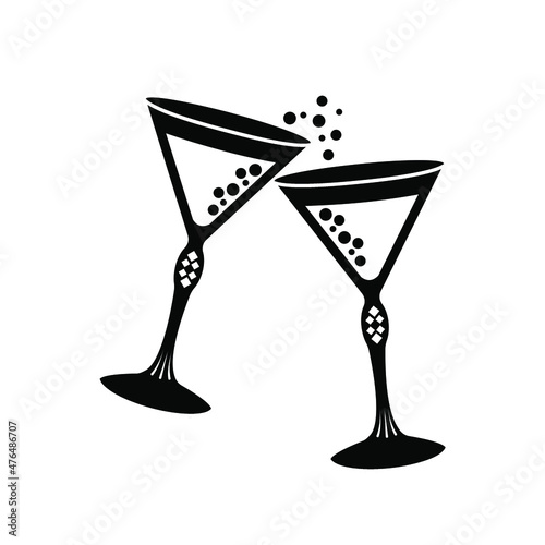 A pair of crystal glasses with a sparkling drink. Celebratory glasses clink loudly, splashing champagne. Cute black icon on a white background. Vector.