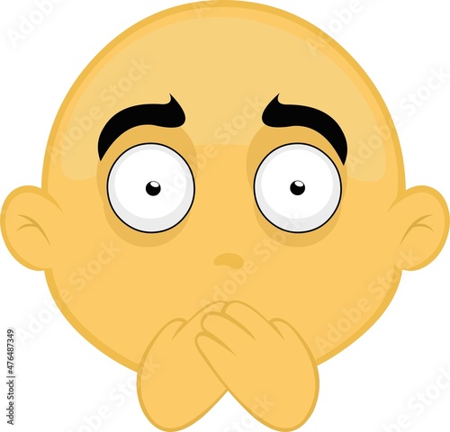 Vector illustration of the face of a bald, yellow cartoon character covering his mouth with his hands in the concept of making silence