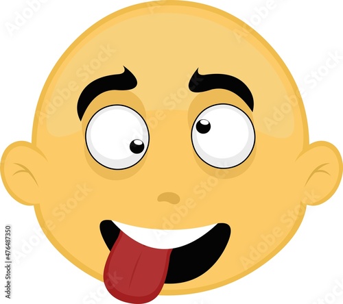 Vector illustration of the face of a yellow and bald cartoon character, with a crazy expression