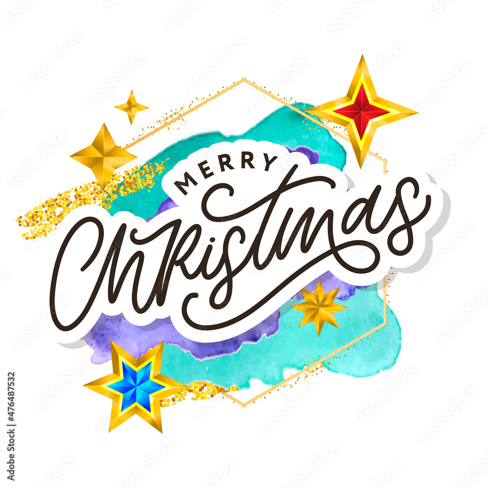 Merry Christmas text decorated with hand drawn lettering with gold stars. Greeting card design element. Vector typography.