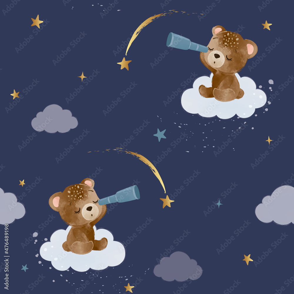 Seamless pattern design, cute little bear is sitting on the cloud and ...