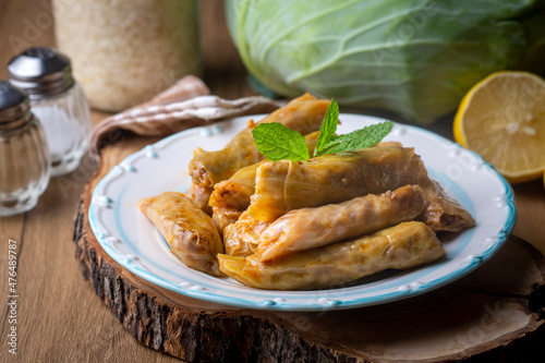 Lahana Sarma, Turkish traditional food,a boiled cabbage leaf that is formed into a roll with a stuffing of rice