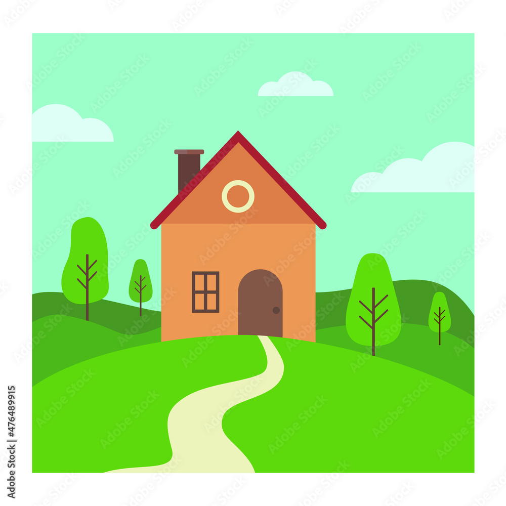 an illustration of the house on the hill. a contemporary building in the village for home. a simple and minimalist concept.