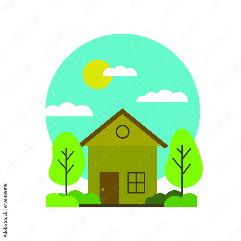 an illustration of the residential house with a cheerful nuance. a contemporary building in the village for home. a simple and minimalist concept. an illustration of the residential house with a cheerful nuance. a contemporary building in the village for home. a simple and minimalist concept.