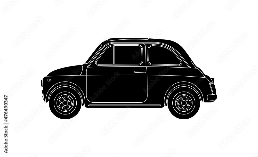 Silhouette vintage old fashioned european city small car. Flat vector retro illustration