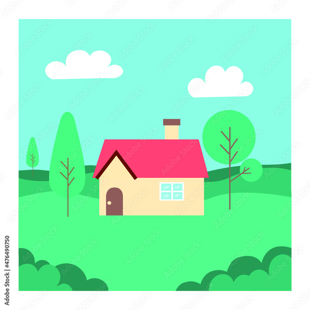 an illustration of the house in the middle of the meadow. a contemporary building in the village for home. a simple and minimalist concept.