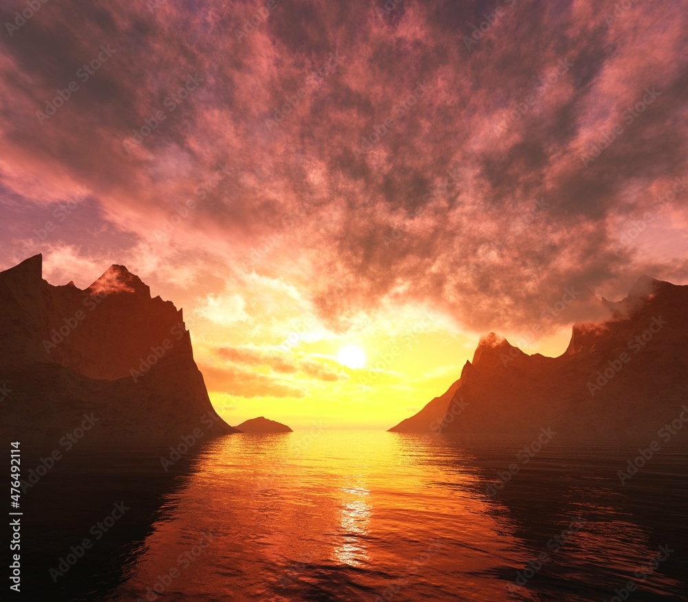 Sunset among the rocks at the sea, seascape at sunset in the rocks, 3D rendering