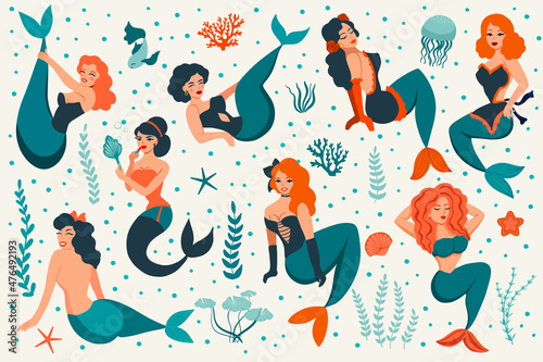 Cute mermaids in retro pin-up style. Collection of vintage women characters. Underwater world vector