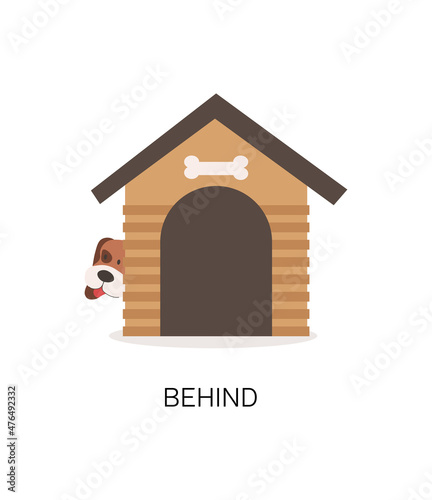 Dog behind booth. Graphic elements for teaching foreign language. Modern world and globalization. Educational materials, fun textbook with pets, playful animal. Cartoon flat vector illustration