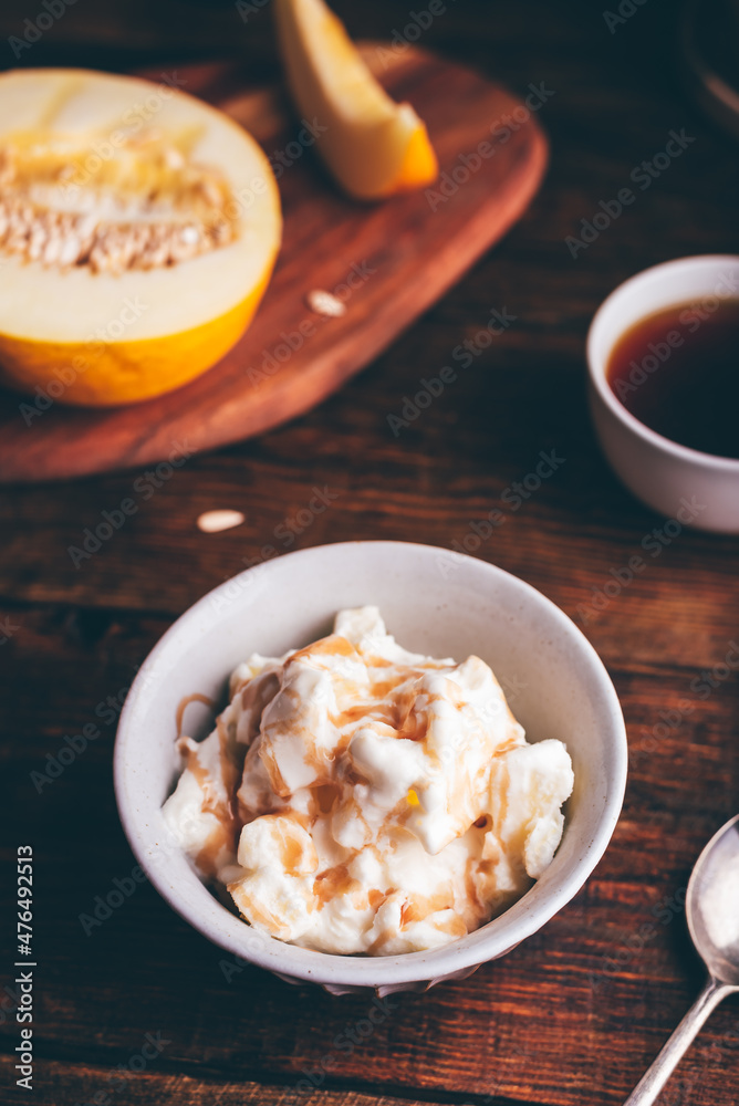Honeydew Melon Ice Cream with Berry Syrup Honeydew Melon Ice Cream with Berry Syrup