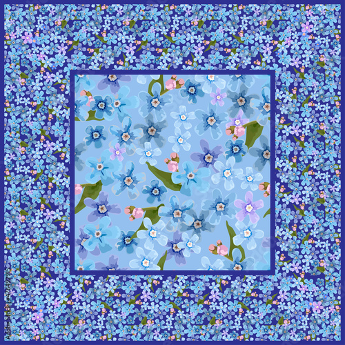 Vector pattern in a square of small blue flowers Forget-me-not, for the design of a shawl, scarf, hijab. photo