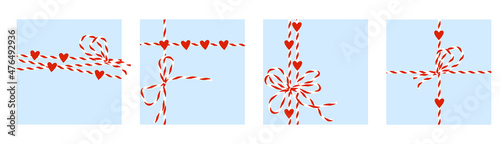 Сord is white-red with heart and bow. Decorative yarn for wrapping gifts for Valentine's day. Vector isolated.
