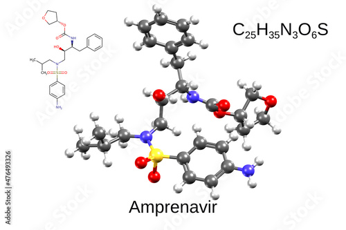 Chemical formula, structural formula and 3D ball-and-stick model of antiviral drug amprenavir, white background.