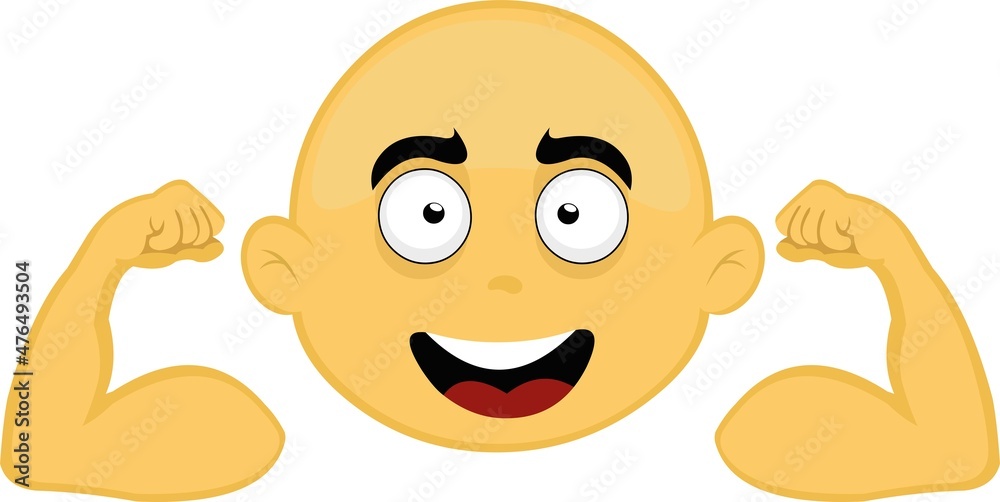 Vector illustration of the face of a bald, yellow cartoon character flexing his arms and contracting his biceps