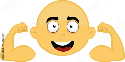 Vector illustration of the face of a bald, yellow cartoon character flexing his arms and contracting his biceps