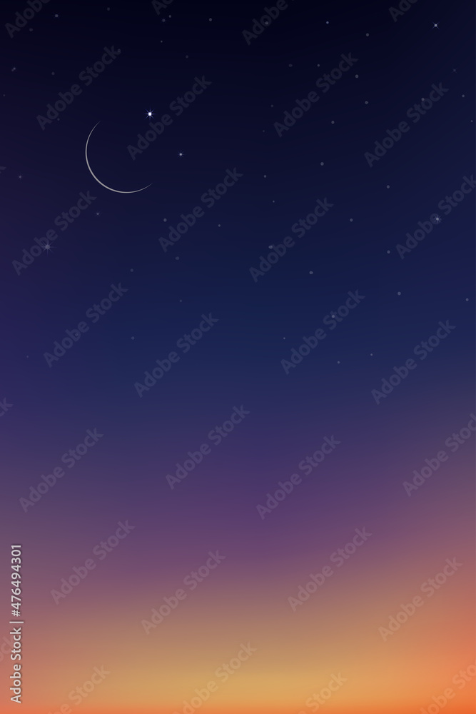 Night Sky with Crescent Moon and Stars,Landscape Dramatic Dark Blue ...