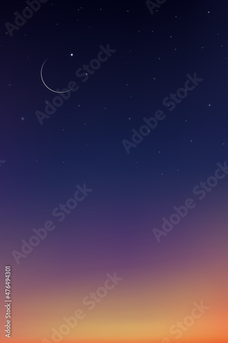 Night Sky with Crescent Moon and Stars,Landscape Dramatic Dark Blue, Purple and Orange,Dusk Sky and Twilight,Natural Vertical background,Concept symbol of religion islamic,Eid Mubarak, Ramadan Kareem