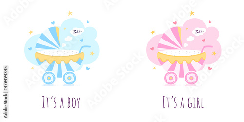 Set of invitation cards for a baby shower for a boy and for a girl. Vector illustration.