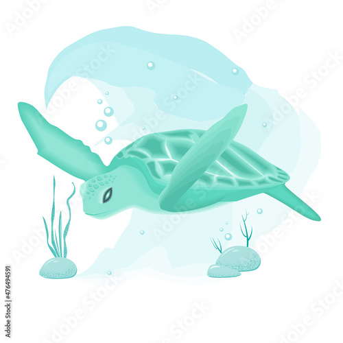 Green sea turtle on the background of wave and algae. Vector illustration.