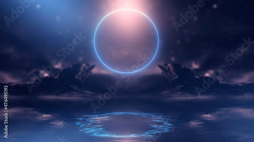Fantasy night landscape with mountains reflected in the water. Neon blue circle. Abstract islands  stones on the water. Dark natural scene. Neon space planet. 3D illustration. 