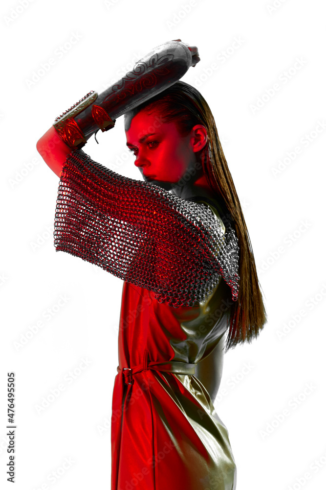 attractive woman red light silver armor chain mail fashion blue background