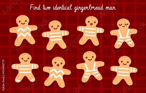 Gingerbread man cookies in different decoration. Find two identical game. Logical puzzle, brain teaser for children. Traditional sweet xmas ginger biscuits. Christmas holiday candy decoration vector.