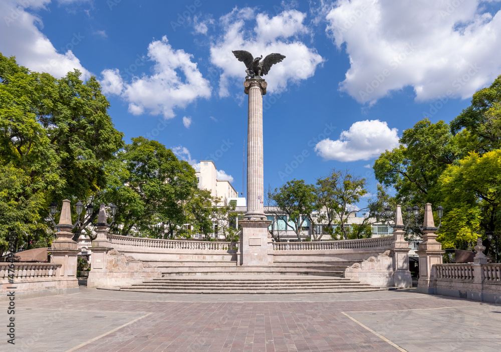 Mexico, Aguascalientes Exedra Column and amphitheatre in Plaza de la Patria in Zocalo historic city center in front of Aguascalientes Cathedral Basilica.