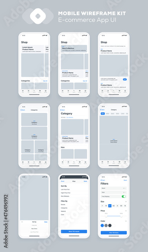 Mobile app design. UI UX wireframe kit for smartphone. New OS screens. photo