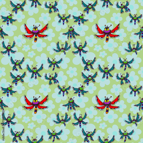 Vector seamless pattern. Ornament with insects and flowers. Design print for textile, fabric, wallpaper, background.
