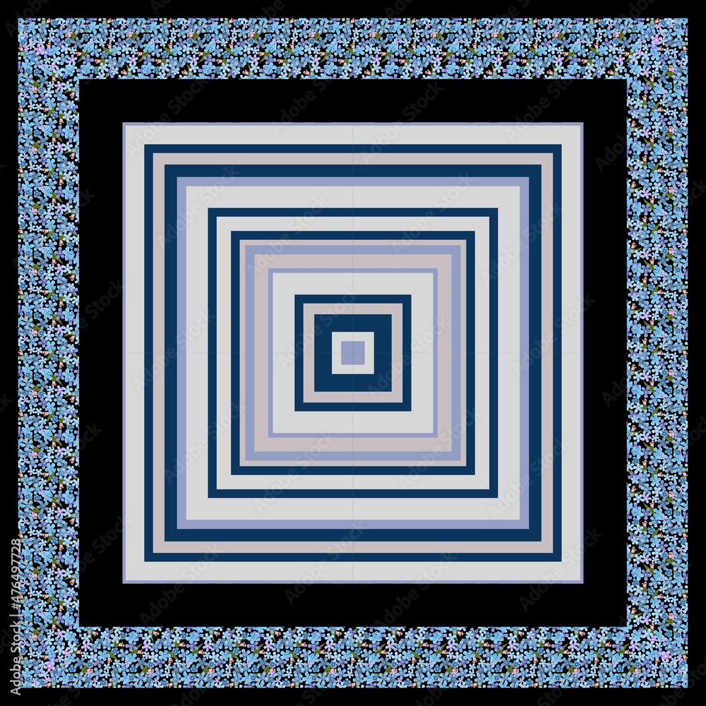 Pattern in a square of small blue flowers Forget-me-not, for the design of a shawl, scarf, hijab. Brown-black background. Pattern in a square of small blue flowers Forget-me-not, for the design of a shawl, scarf, hijab. Brown-black background.