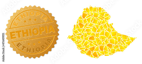 Golden mosaic of yellow particles for Ethiopia map, and golden metallic Ethiopia stamp. Ethiopia map mosaic is composed of scattered golden elements.