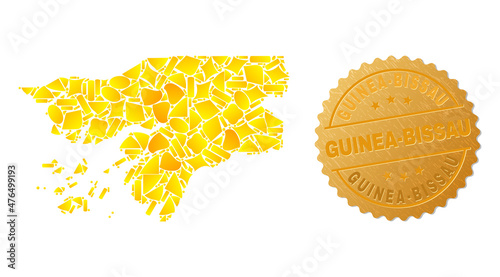 Golden collage of yellow for Guinea-Bissau map, and golden metallic Guinea-Bissau stamp. Guinea-Bissau map collage is designed from scattered golden elements.