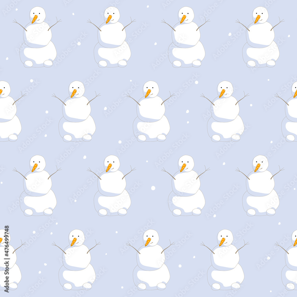 Pattern, background image of repeating white snowmen with carrot nose. Pattern, background image of repeating white snowmen with carrot nose.
