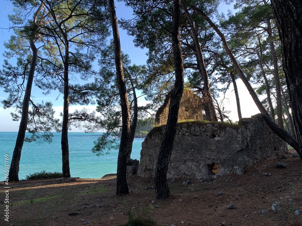 Phaselis Greek and Roman city on the coast of ancient Lycia. Harbour view. Tekirova, Antalya, Turkey